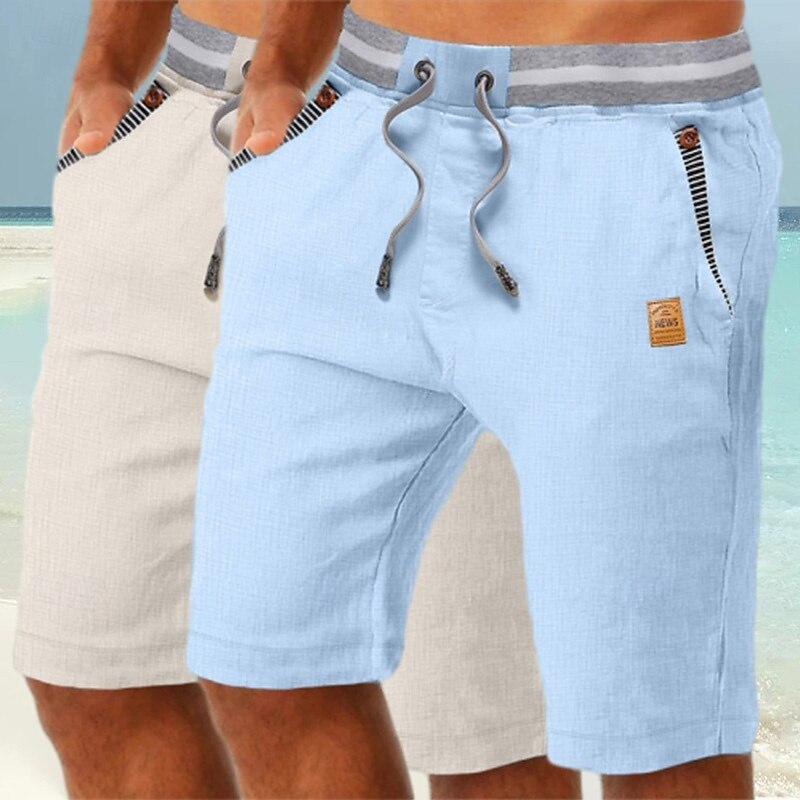 Men's Shorts Linen Shorts Summer Shorts Beach Shorts Drawstring Pocket Elastic Waist Plain Comfort Breathable Knee Length Daily Holiday Beach Vacation Fashion Black+sky blue Khaki+Navy Blue2