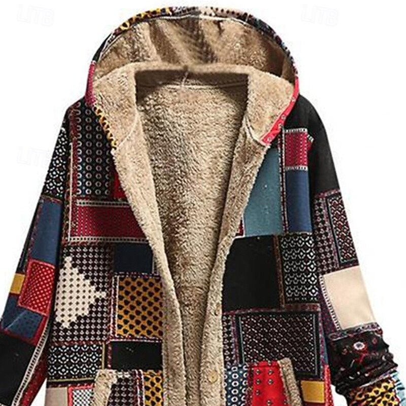 Women's Fleece Jacket Coat Hoodie Jacket Warm Comfortable Zipper Pocket Fashion Modern Casual Geometric Going out Weekend Zipper Regular Hooded Regular Fit Long Sleeve Outerwear Black Red Winter3