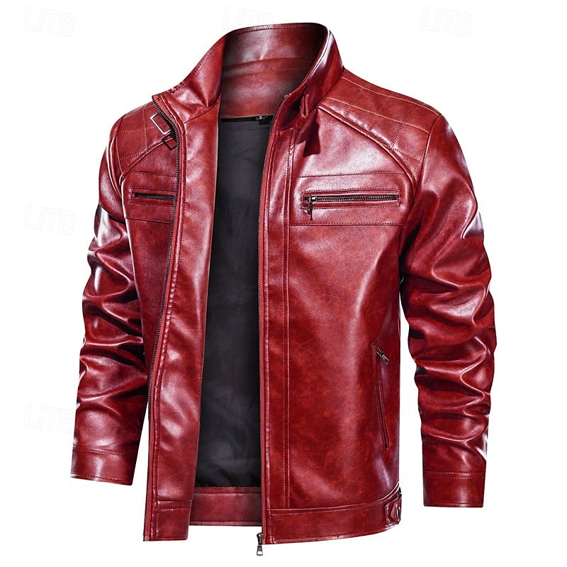 Men's Faux Leather Jacket Biker Jacket Red Leather Jacket Motorcycle Jacket Vacation Daily Windproof Warm Pocket Fall Winter Plain Fashion Classic Stand Collar Regular Black Red Brown Jacket
