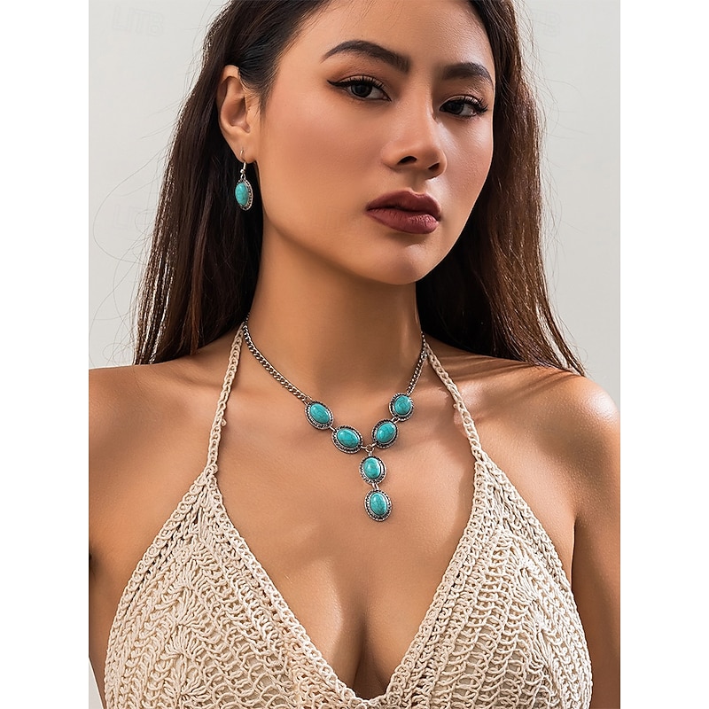 Women's Turquoise Statement Jewelry Set – Vintage Silver-Plated Oval Pendant Necklace and Drop Earrings for Boho Style, Summer Festivals and Beach Parties2