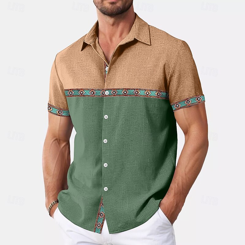 Men's Shirt Linen Shirt Summer Shirt Beach Wear Plain Vacation Casual Navy Blue Brown Khaki Army Green Short Sleeve Lapel Summer Spring & Summer Clothing Apparel Color Block4