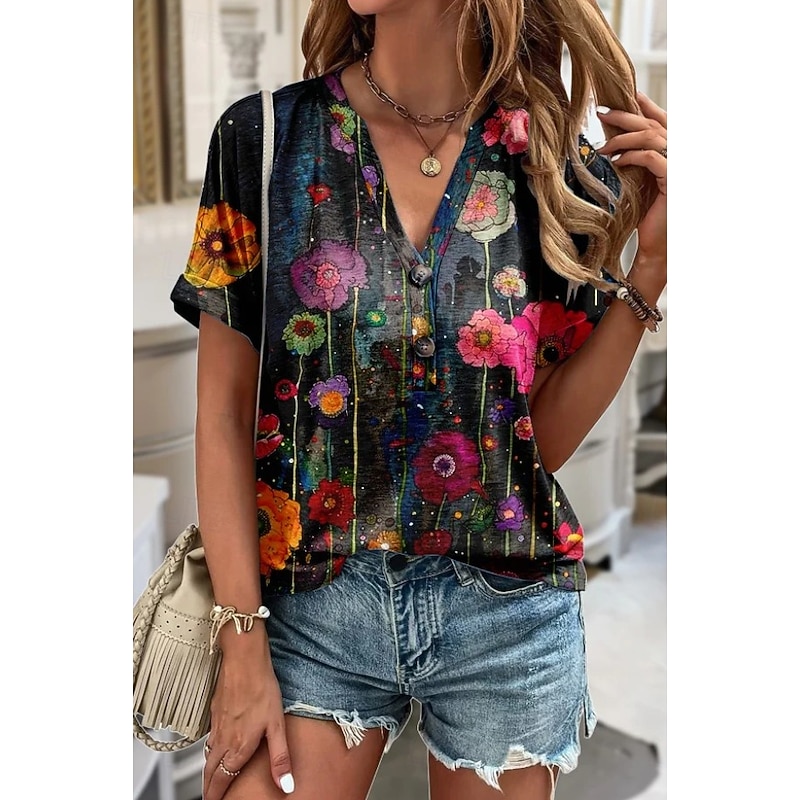 Women's T Shirt Ombre Floral Graphic Stylish Short Sleeve V Neck Notched Neck Regular Tops Daily Weekend Print Black Blue Orange Khaki Light Blue Summer Spring - Main Image