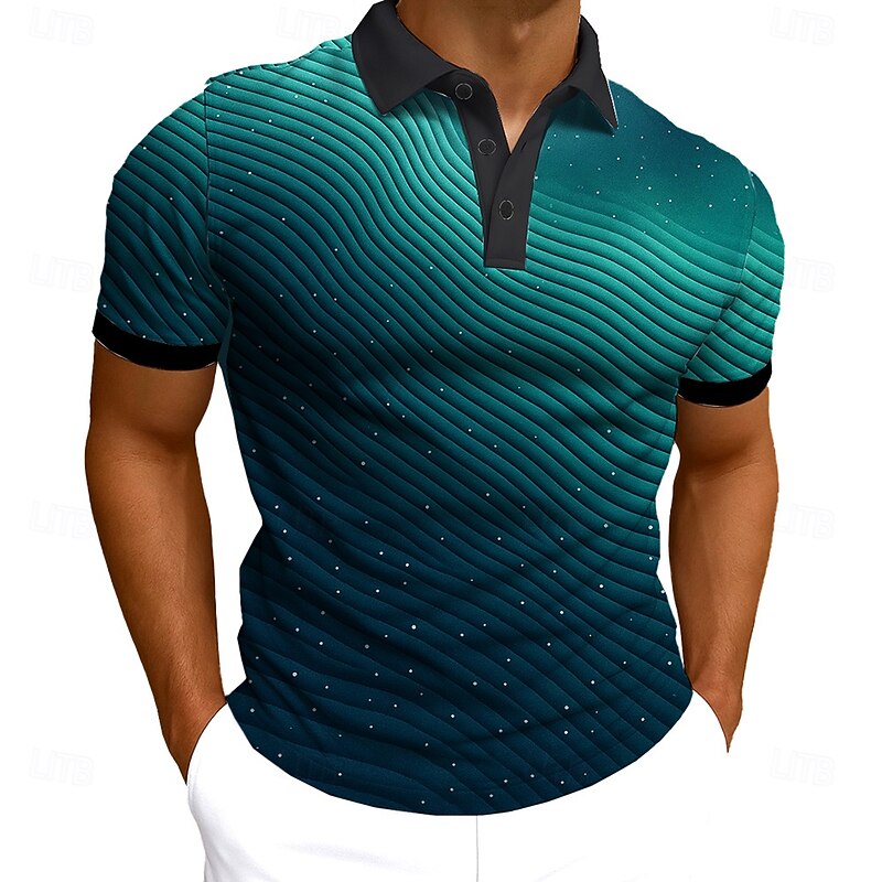 Men's Striped Waves Abstract Polo Short Sleeve Polo Collar Business Casual Daily Sports & Outdoor Athleisure Casual Daily 3D Print Buttons Summer Green