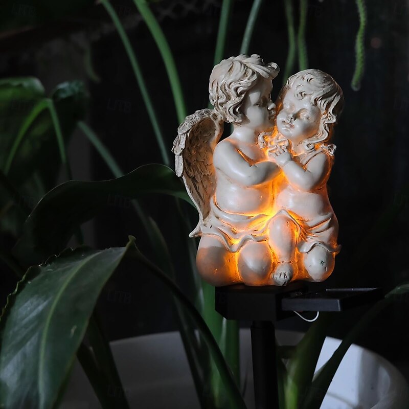 1 Pc Outdoor Solar Resin Sculpture Couple Angel Earth Insertion Lamp Lawn Lamp Courtyard Lawn Path Garden Festival Wedding European Landscape Decoration Lights2