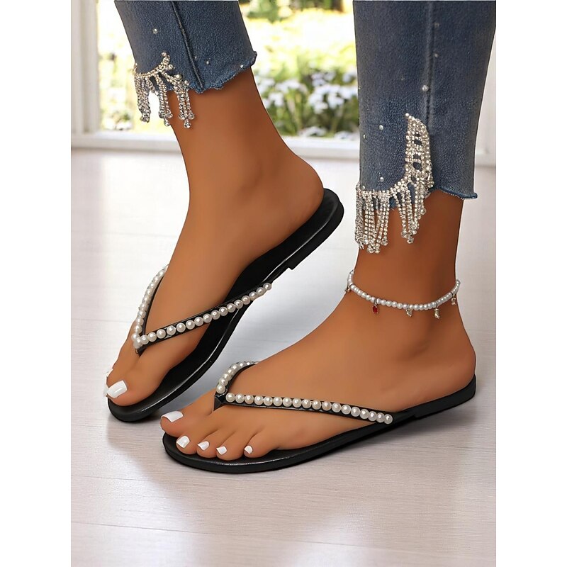 Women's Pearl Embellished Flip Flop Sandals - Casual Chic Thong Flats for Daily Outings and Summer Dates3