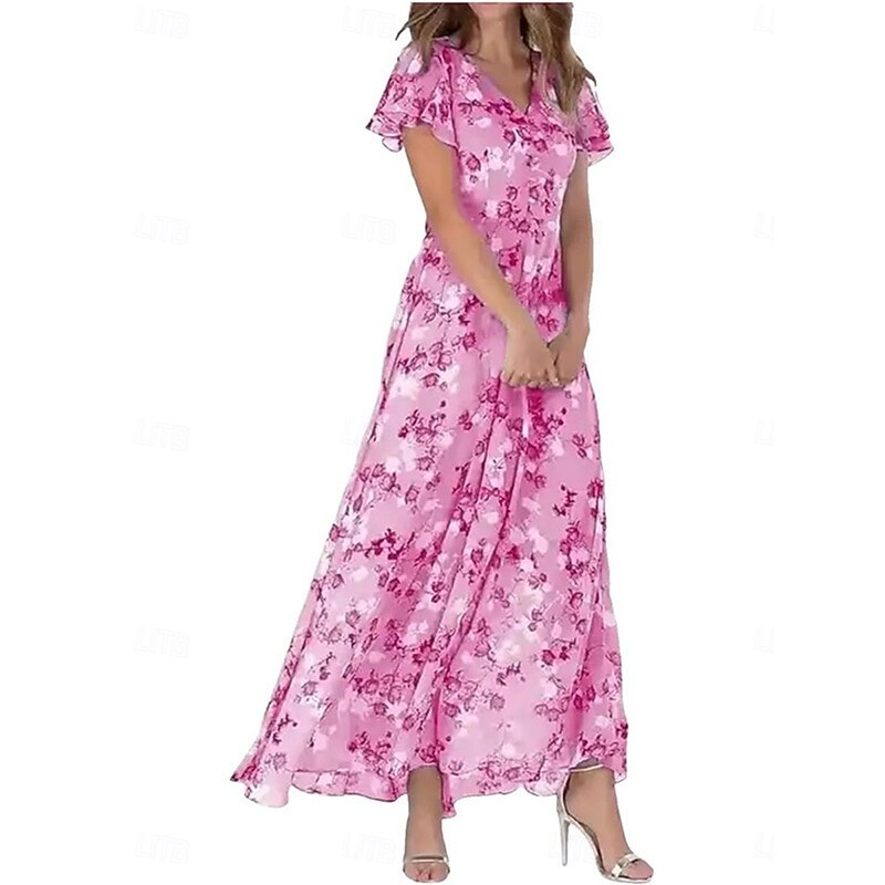 Women's Maxi Dress A Line Dress Vacation Casual Boho Outdoor Going out Standard Fit Floral Short Sleeve V Neck Light Blue Blue Fuchsia Green Summer4