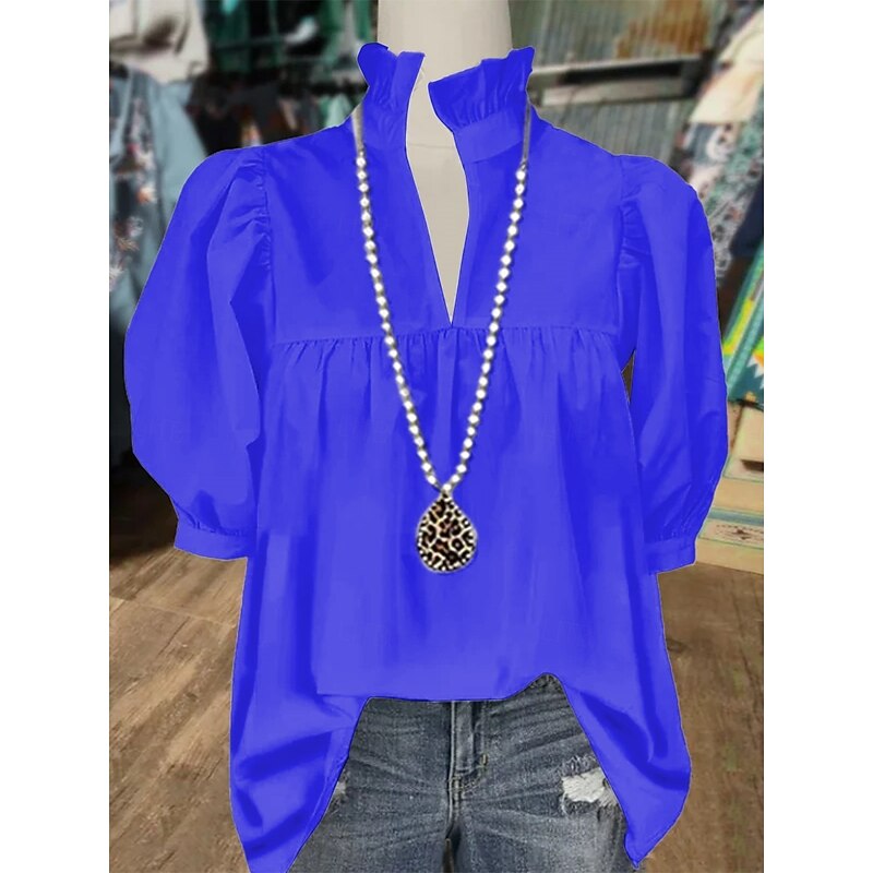 Women's Shirt Plain Basic Modern Half Sleeve V Neck Regular Tops Daily Holiday Ruched Black White Yellow Blue Fuchsia Summer4