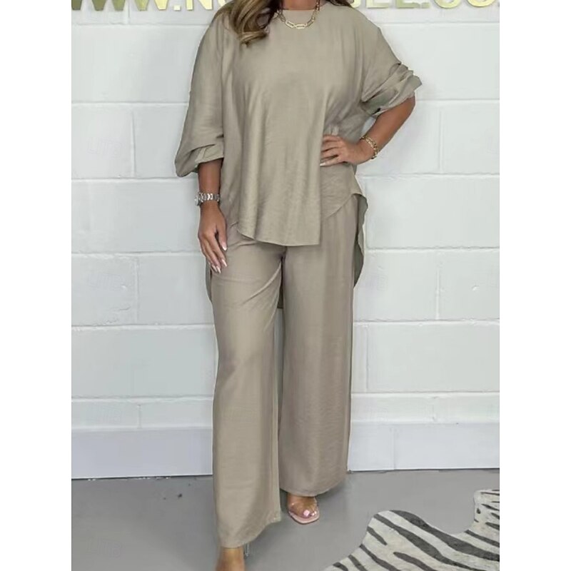 Women's Fashion Streetwear Daily Pants Sets Long Sleeve Crew Neck Solid Color Print Casual Daily Khaki Beige Gray Summer Regular Fit2