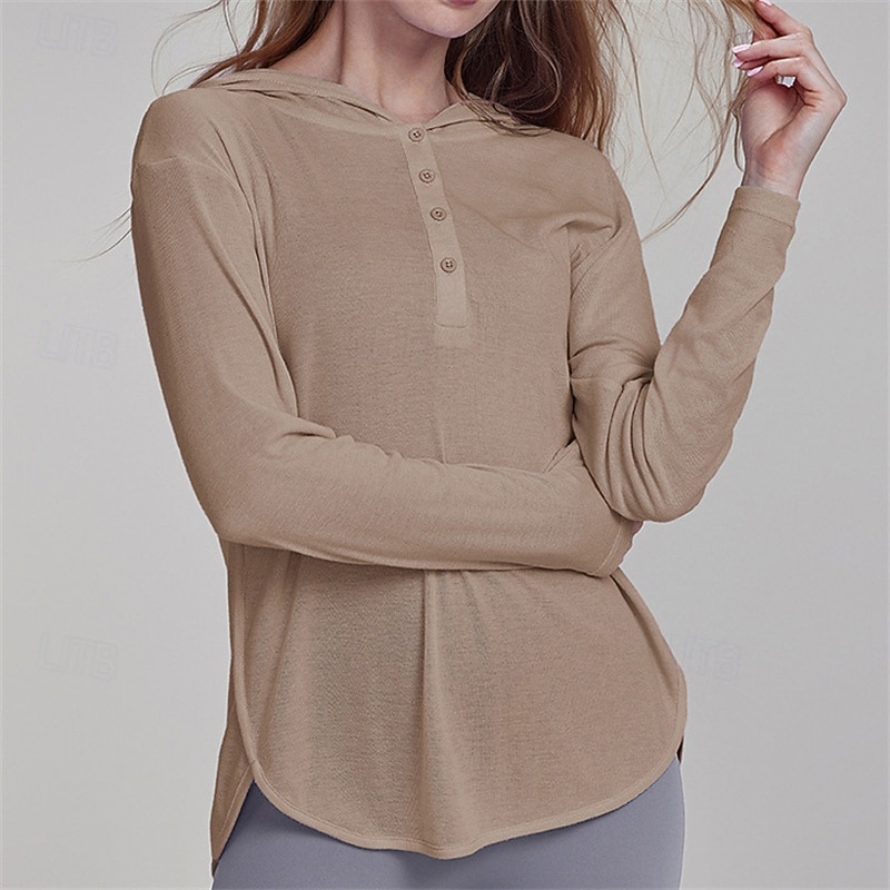 Women's Sports shirts Flat Neckline Skin Friendly Softness Stretchy Buttons Long Sleeve Sports Solid Color Top For Pilates Yoga Activewear