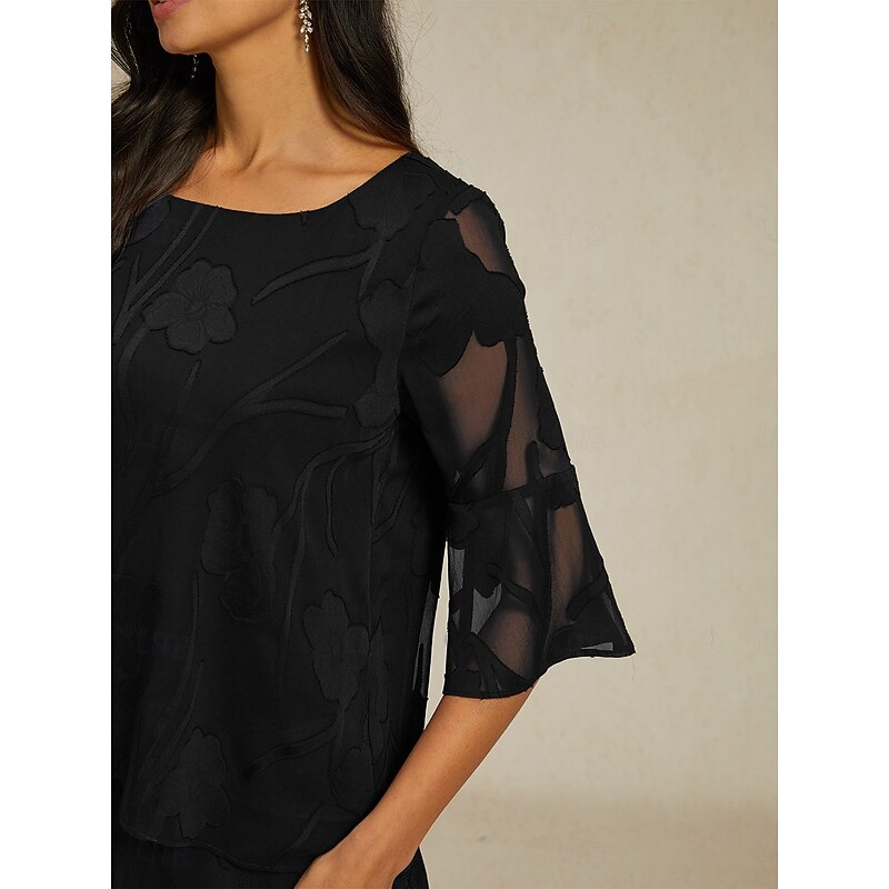 Women's Lace Shirt Blouse Dressy Tops Chiffon Tops Solid Color Floral Elegant Stylish Basic 3/4 Length Sleeve Bell Sleeve Boat Neck Regular Tops Wedding Guest Work Daily Cut Out Asymmetric Hem Black2
