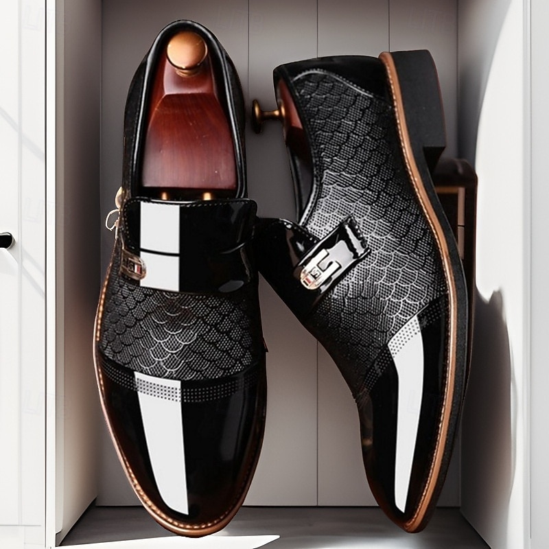 Men's Black Patent Faux Leather Loafers with Textured Scale Pattern and Metal Buckle, Elegant Slip-On Dress Shoes for Weddings, Business and Formal Events2