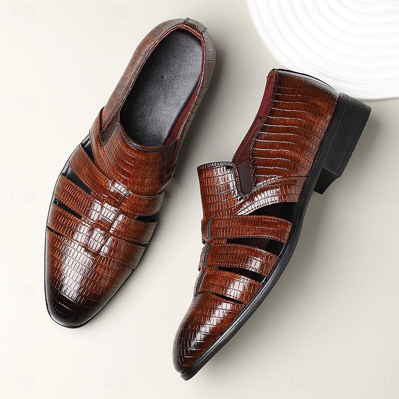 Men's Brown Faux Leather Crocodile-Pattern Slip-On Shoes – Fashionable Loafers for Casual, Business and Semi-Formal Events4