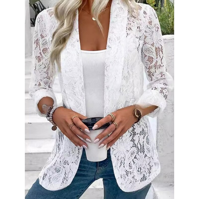 Women's Casual Jacket Breathable Comfortable Patchwork Elegant Casual Plain Vacation Street Casual Daily Wear Open Front Regular Notch Lapel Regular Fit Long Sleeve Outerwear Black White Summer Spring
