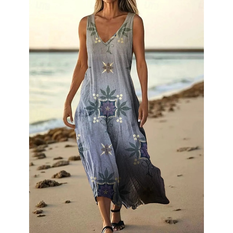 Women's Long Dress Maxi Dress Casual Dress Tank Dress Summer Dress African Daily Holiday Beach Regular Fit Floral Sleeveless V Neck Yellow Blue Dark Green Green Summer