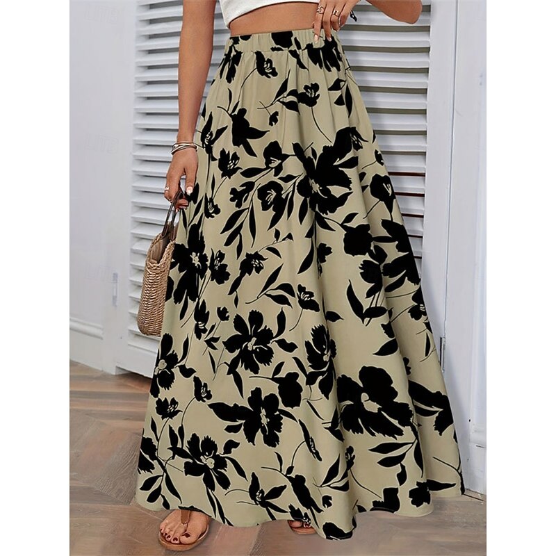 Women's Skirt A Line Fashion Casual Maxi High Waist Skirts Trees / Leaves Pocket Print Stretchy Street Daily White Green Summer Polyester
