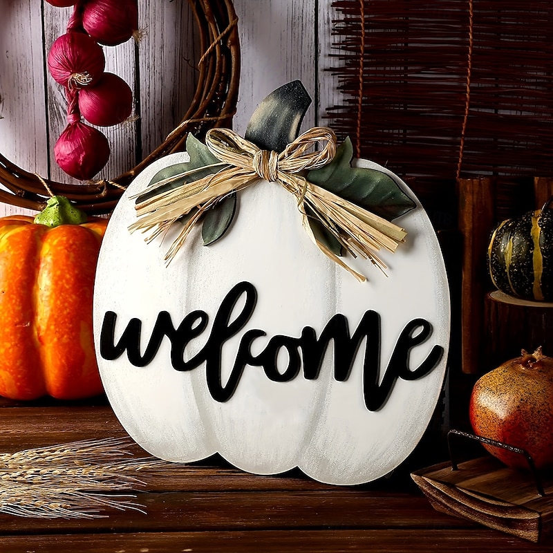 Fall Welcome Wood Door Hanger,Halloween Thanksgiving Pumpkin 3D Plaid Front Door Sign, Rustic Hanging Porch Wreath Autumn Home Decor