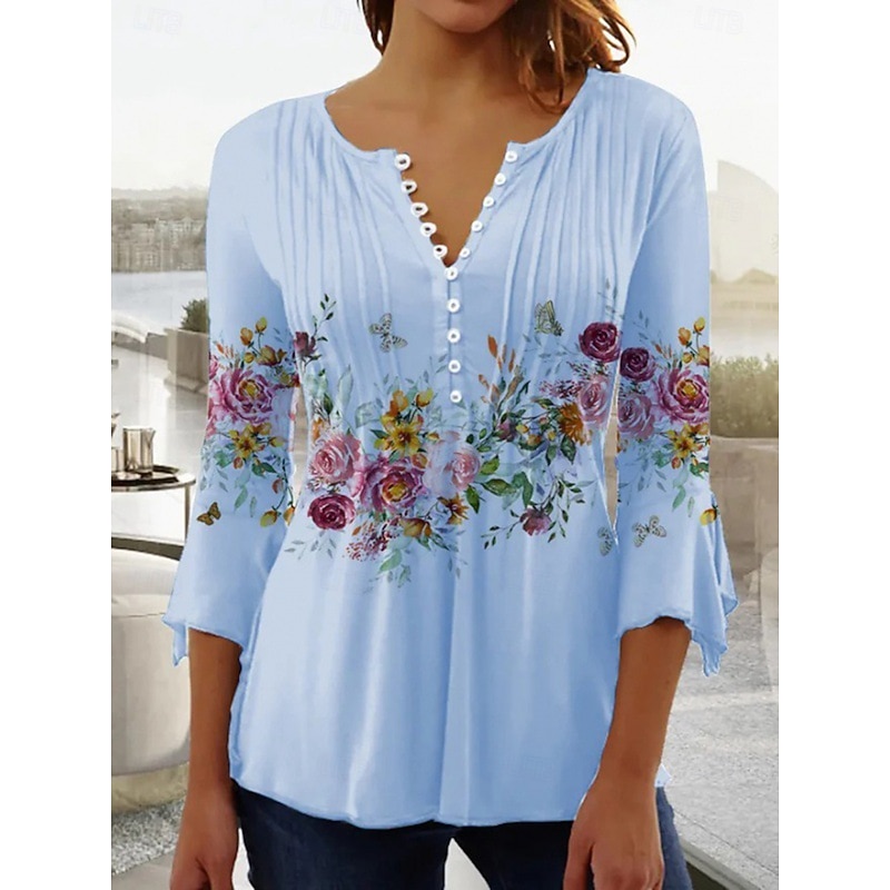 Women's Texture Blouse Blouse Floral Daily Stylish 3/4 Length Sleeve Crew Neck Regular Tops Daily Holiday Buttons Print Pink Blue Summer Spring2