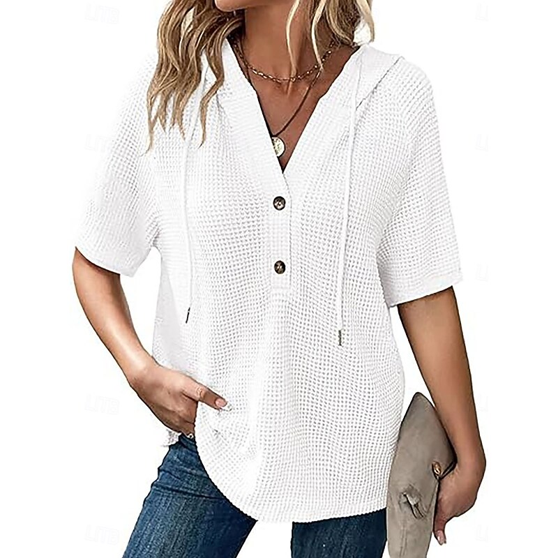 Women's Blouse Solid Color Stylish Casual Short Sleeve Hooded Regular Tops Daily Buttons White Navy Blue Green Khaki Summer Spring3