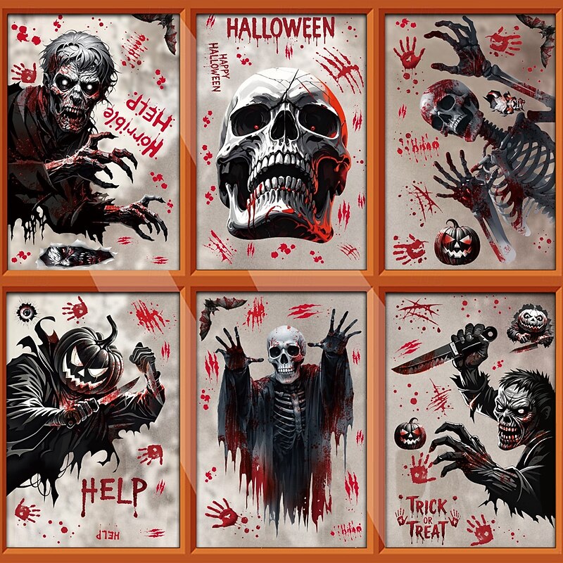 8 Sheets Halloween Window Cling Sticker Decals Decorations Double Side, Scary Pumpkin Skull Bloody Handprint Bat Static Stickers for Glass and Halloween Party Decor3
