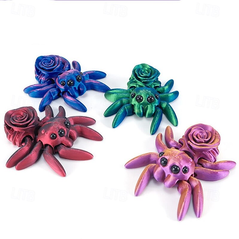 Halloween 3D Printed Rose Spider Figurine, Large Poseable Spider Toy with Movable Joints, Retractable Articulated Animal Model for Halloween Decoration or Prank Props