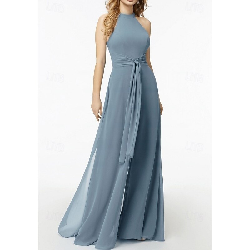 Jumpsuits Wedding Guest Dresses Elegant Dress Wedding Guest Engagement Floor Length Sleeveless Halter Neck Chiffon with Pocket Strappy
