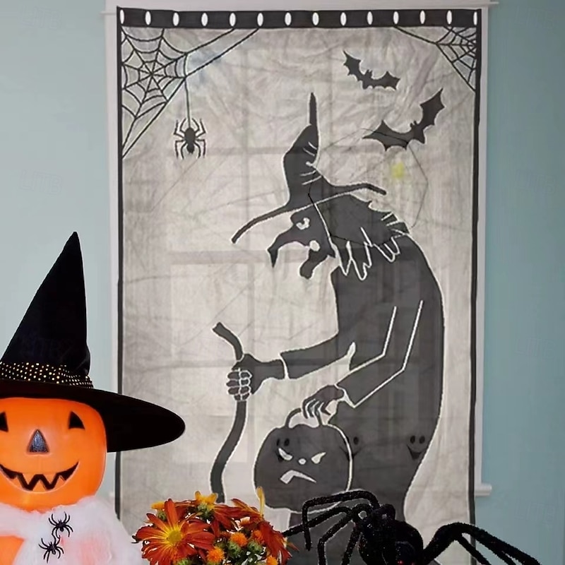 Halloween Scary Witch Front Door Curtain Decoration, Halloween Broomstick Bats Flying Jagged Bottom Display2