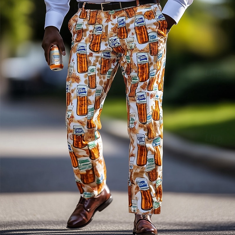 Men's Novelty Oktoberfest Beer Dress Pants Trousers Suit Pants Mid Waist Casual Vacation Holiday Regular Fit Flat-Front Straight Leg Pants with Pockets Summer Spring Fall 3D Print White Yellow