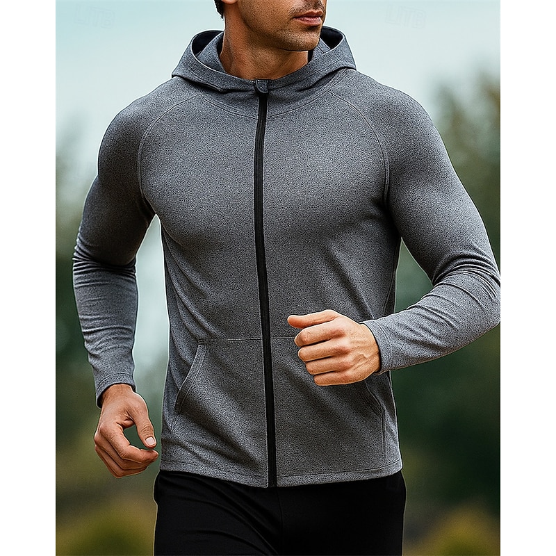 Men's Running Jacket Outdoor Jacket Full Zip Long Sleeve Outerwear Athletic Solid Colored Quick Dry Lightweight Breathable Tennis Golf Running Sportswear Activewear Dark Grey Wine Red Black