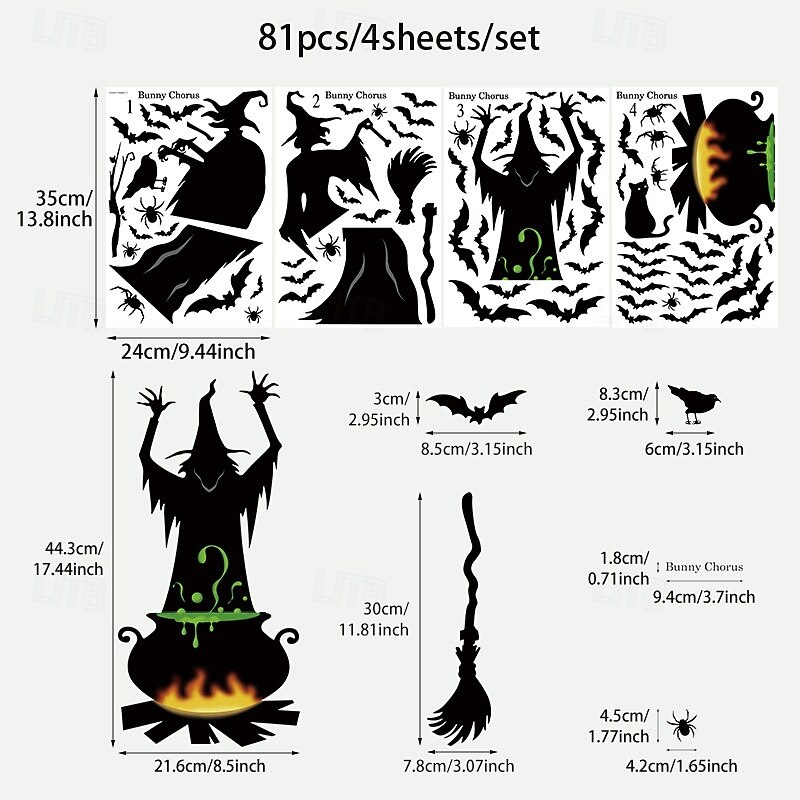 4 Sheets Halloween Window Cling Sticker Decals Decorations Double Side, Witch Bat Ghost Spider Silhouette Stickers for Halloween Party Window and Wall Decor2