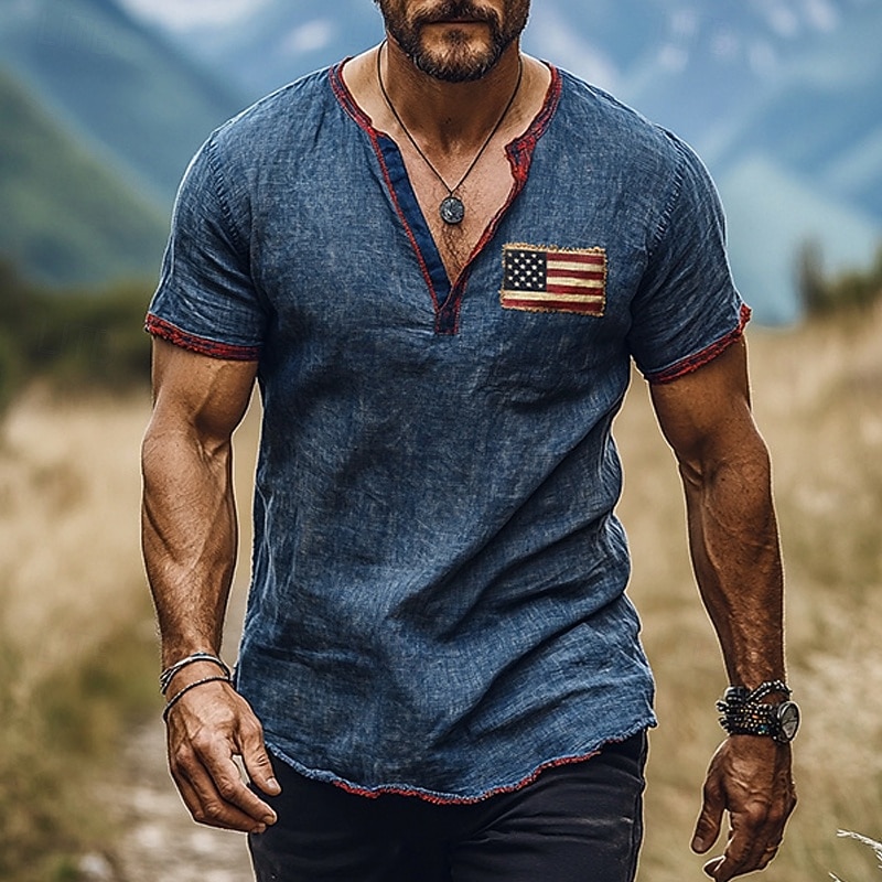 Men's T Shirt Henley Shirt Tee Short Sleeve Shirt Short Sleeve Henley Summer American Flag Fashion Designer Basic Print Vacation Street Going out Blue Top Tee for Men