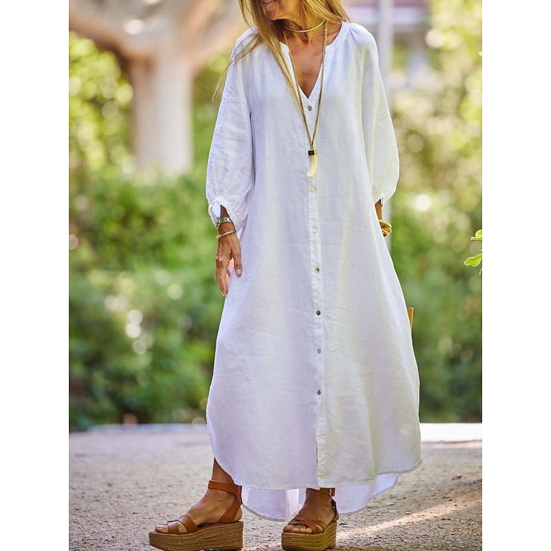 Women's Maxi Dress A Line Dress Summer Dress Casual Daily Regular Fit Plain Long Sleeve V Neck Black White Brown Gray Summer