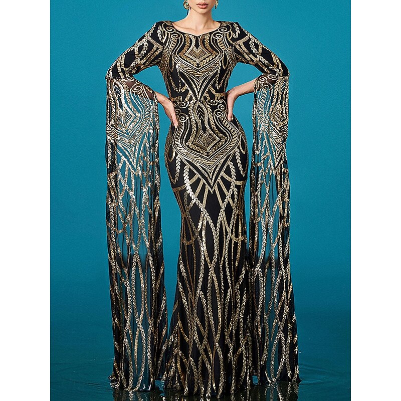 Black and Gold Mermaid / Trumpet Evening Gown Elegant Dress Formal Wedding Floor Length Long Sleeve Crew Neck Sequined Lace2