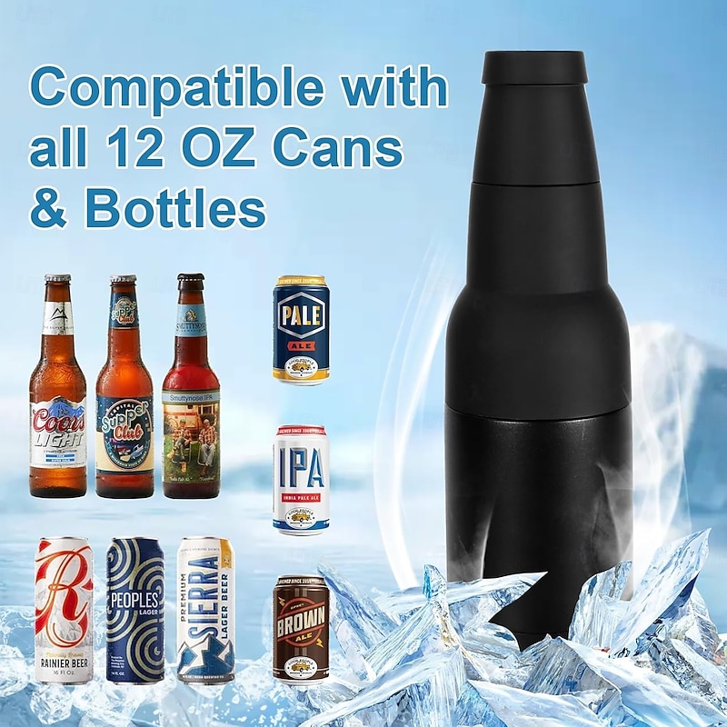 Beer Bottle and Can Cooler, Vacuum Insulated Stainless Steel Beer Holder with Opener, Fits Slim Cans and Bottles, Double Walled Drink Cooler Gift for Men, Midnight Black3