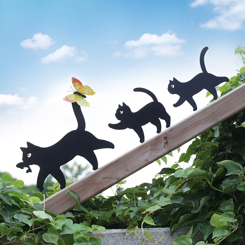3pcs Halloween Black Cat Metal Yard Sign with Accessories, Outdoor Garden Stake Decoration for Lawn, Spooky Cat Silhouette for Halloween Party Decor