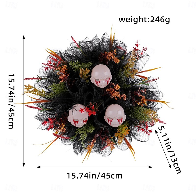 Halloween Wreath for Front Door Indoor Outdoor Decoration, Mesh Skull Ghost Doll Wreath, Spooky Gothic Skull Head Door Hanger, Halloween Party Decoration Prop3