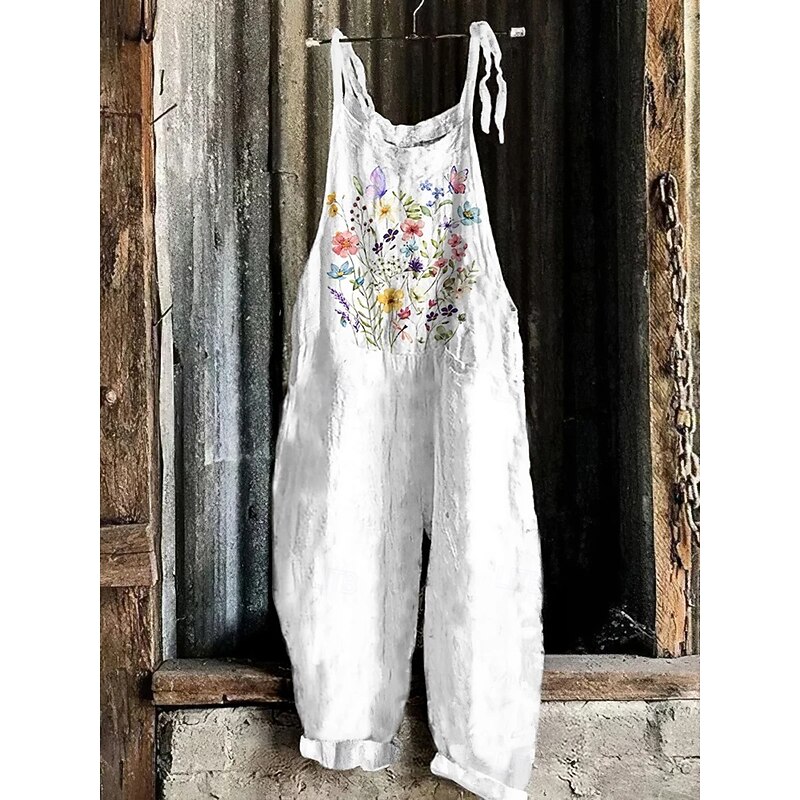 Women's Overalls Vacation Vintage Ethnic Style Full Length High Waist Floral Graphic Animal Drawstring Inelastic Formal Vacation Street Yellow Pink Green Summer Spring Fall Loose Fit