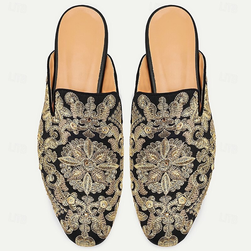 Men's Black Premium Cowhide Mules with Gold Floral Embroidery – Luxury Slip-Ons for Formal Parties, Cocktail Events and Special Occasions4