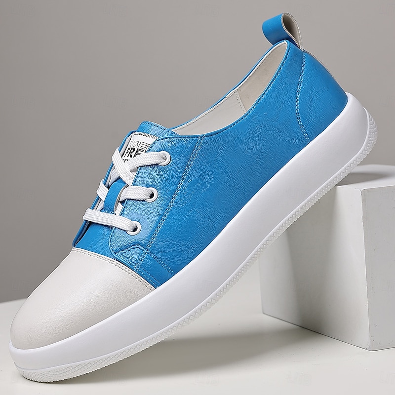 Men's Blue Faux Leather Sneakers with White Rubber Sole – Comfortable Lace-Up Sneakers for Sports, Travel and Casual Wear