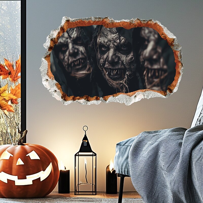 Halloween Wall Decal Sticker 3D Scary Breakthrough Skeleton and Zombie Design, Self-Adhesive Wall Decor for Bedroom and Living Room Holiday Decoration2