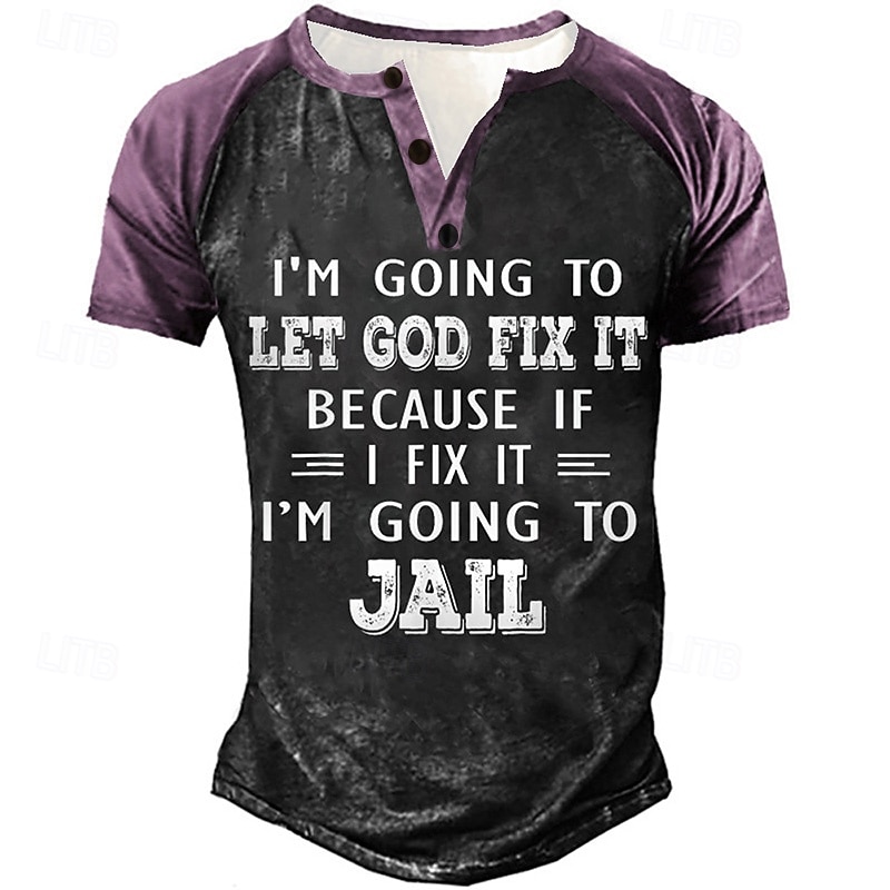 Men's Color Block Letter T Shirt Henley Shirt Graphic Tee Short Sleeve 3D Print Vintage Designer Basic Outdoor Daily Sports Summer Black Blue Purple Green Henley Henley T-Shirt3