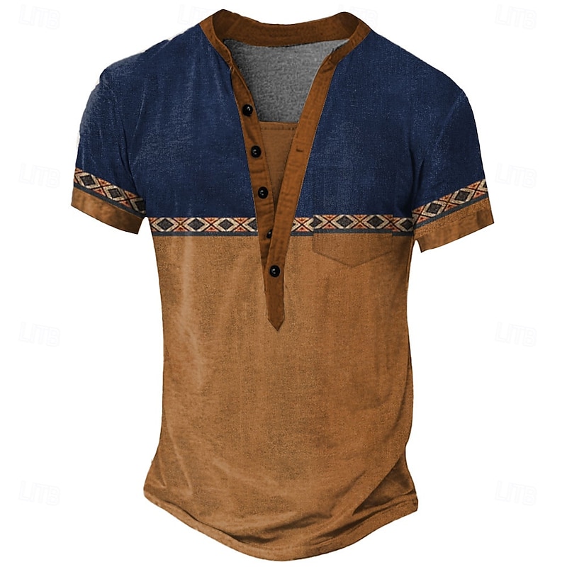 Men's Geometric Tribal Ethnic T Shirt Henley Shirt Tee Short Sleeve Vintage Designer Basic Outdoor Casual Daily Summer Light Green Navy Blue Khaki Henley Henley T-Shirt