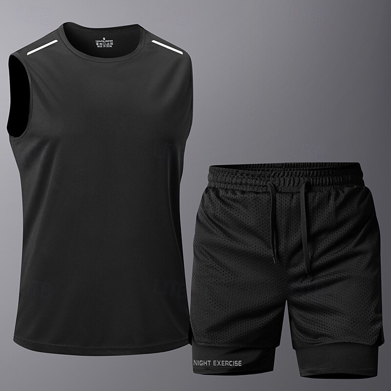 Men's Activewear Set Sport Set Elastic Waistband Solid Colored Clothing Suit Summer Black Dark Gray Gym Workout Sports Soft Quick-drying Sleeveless Sport Activewear Micro-elastic Regular Fit3