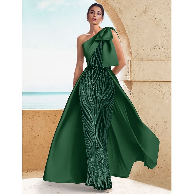 Black and Gold Black Tie Mermaid / Trumpet Evening Gown Elegant Black Dress Formal Wedding Floor Length Sleeveless One Shoulder Stretch Satin with Bow(s) Gold Sequin Lace4