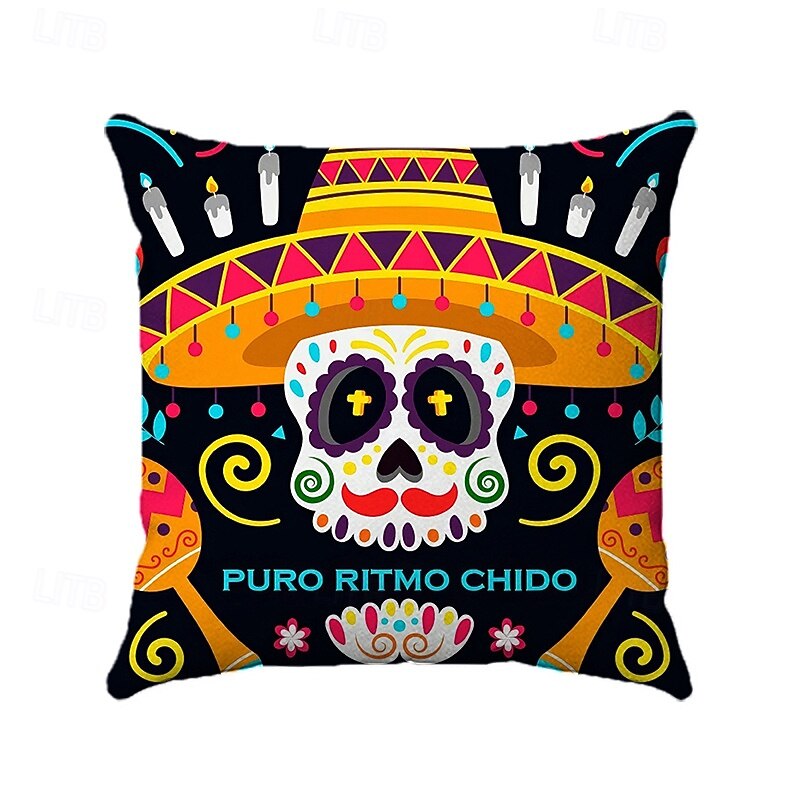 1 pcs Polyester Pillow Cover, Skull Halloween Square Zipper Traditional Classic3