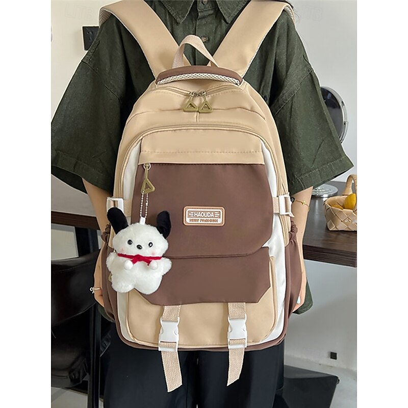 Teenage Colorblock Backpack with Plush Keychain – Multi-Pocket School Bag for Girls and Boys, Ideal for Middle School, High School and Daily Use Black Blue Purple2