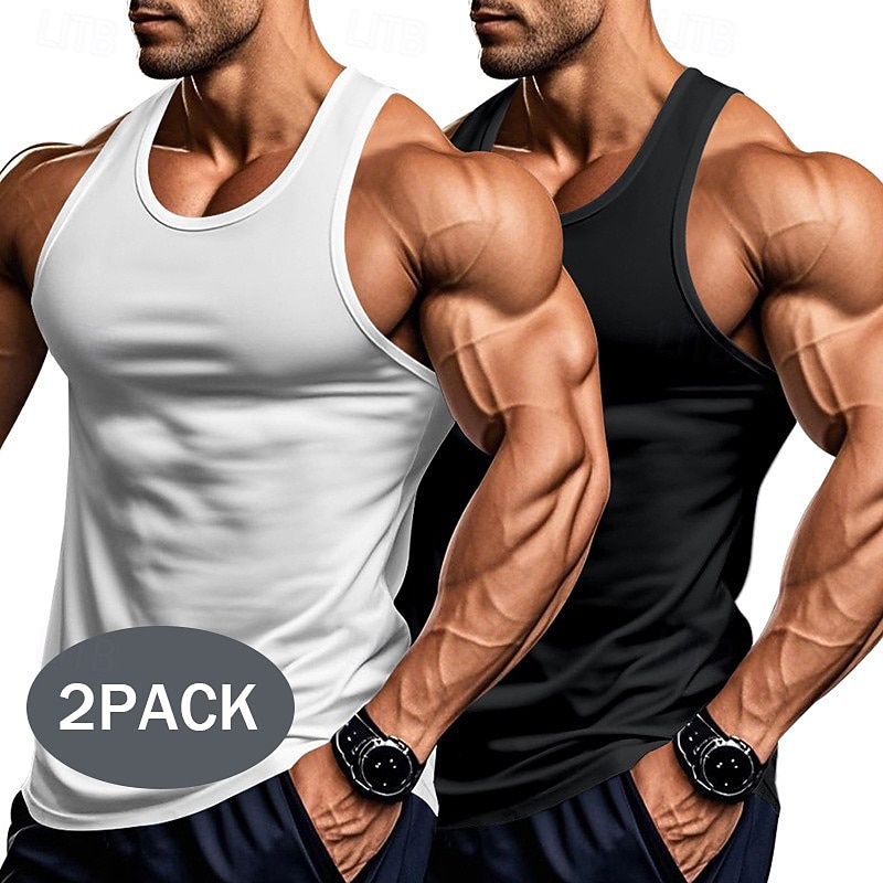 2 Pack  Men's Tank Top Vest Undershirt Sleeveless Shirt Sleeveless Crewneck Summer Solid Color Plain Fashion Classic Comfortable Top Tee for Men
