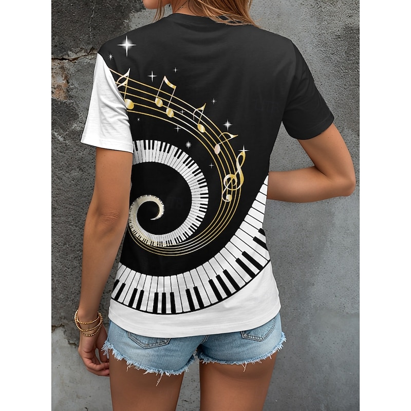 Music Festival Women's T Shirt Graphic Geometric Vintage Stylish Classic Short Sleeve V Neck Regular Tops Daily Going out Beach Wear Print Black and White White / Black Summer Spring2