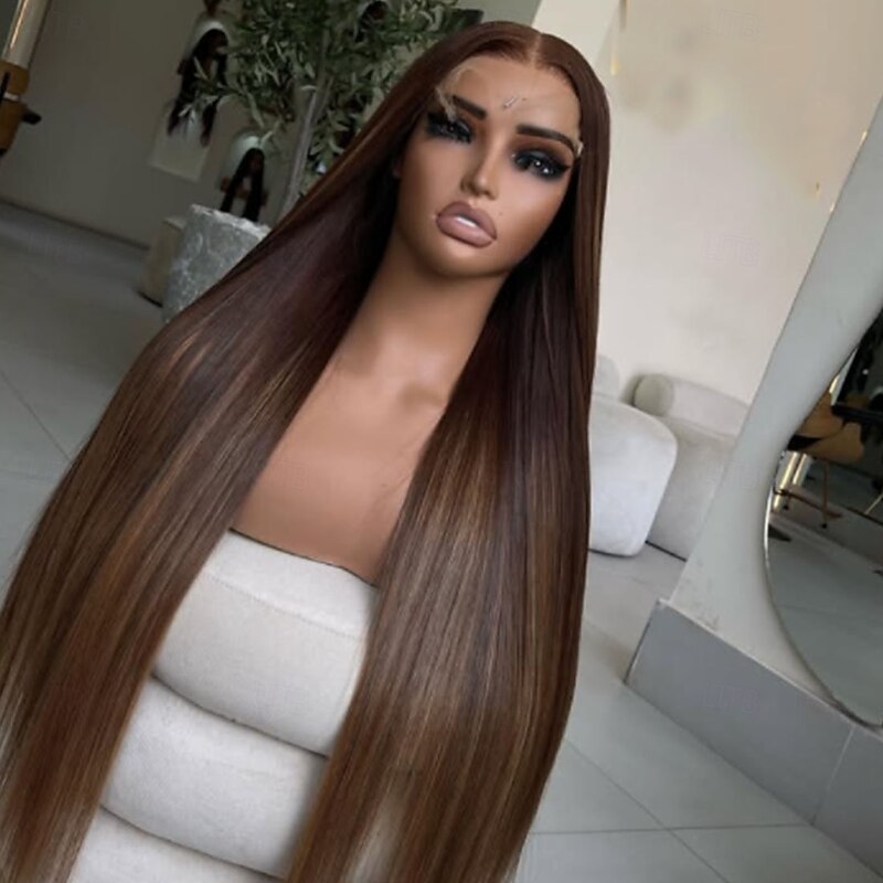 Remy Human Hair 5x5 Closure 13x4 Lace Front Wig Free Part Brazilian Hair Straight Brown Auburn Wig 130% 150% Density with Baby Hair Highlighted / Balayage Hair 100% Virgin Glueless Pre-Plucked For4