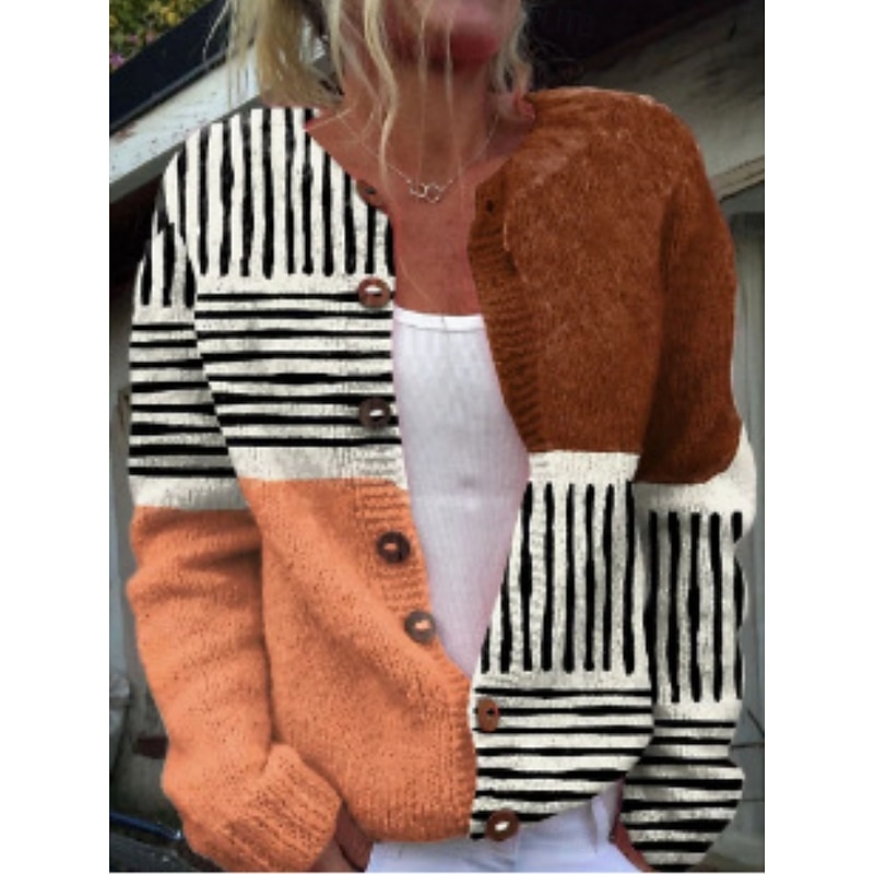 Women's Cardigan Sweater Knitted Ribbed Button Front Round Neck Long Sleeve Lightweight Elegant Fashion Streetwear Geometric Color Block Print Knit Outdoor Daily Weekend Black Yellow Fall Winter2