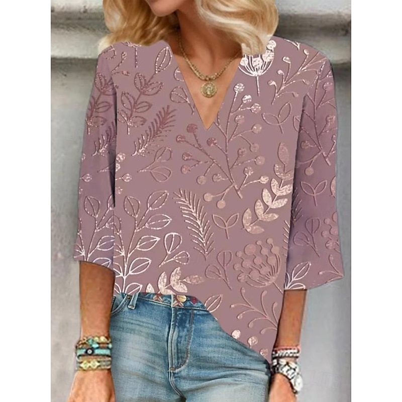 Women's Blouse Button Down Floral Graphic Elegant Stylish Casual 3/4 Length Sleeve V Neck Regular Tops Daily Holiday Going out Ruched Embroidered Print Pink Purple Green Summer Spring3